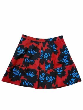 J. Crew Red, Black and Blue Floral Circle Skirt Gold Zipper Women's Size 10